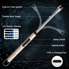 SUPRUS Electric Lighter Candle Lighter USB Type C Rechargeable Lighter Steel Shell & Hanging Hook with 360° Flexible Neck(Gold)