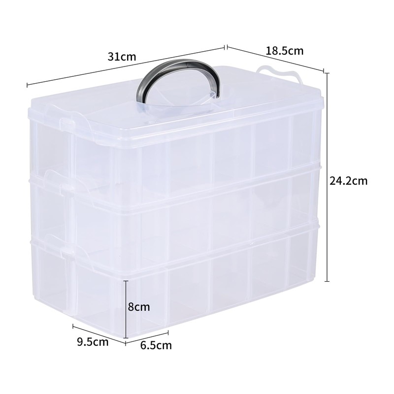 Lesbin 3-Tier Craft Storage Box, 30 Compartments Clear Plastic Craft