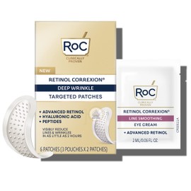 RoC Retinol Correxion Deep Wrinkle Non-Invasive Targeted Patches with Hyaluronic Acid + Firming Peptides for Forehead, 11 Lines, Crow’s Feet and Laugh Lines, (6 Patches) with Retinol Eye Packette