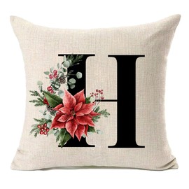 MFGNEH Monogram Letter H Winter Decor Pillow Covers 18x18 Inch,Christmas Decorations Poinsettia Throw Pillow Case Cushion Cover Christmas Flower for Couch Sofa,Family Last Name Initial Pillow Case