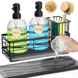 Shinowa Kitchen Sink Caddy, Sponge Holder for Kitchen Sink with Instant Drying Stone, Stainless Steel Kitchen Sink Organizer with High Brush Holder, 2 Soap Dispensers, Kitchen Storage Accessories