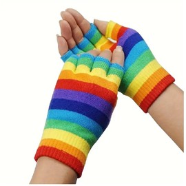 OnlyBee Pair of Ladies Rainbow Multicoloured Stripe Fingerless Gloves Fancy Dress