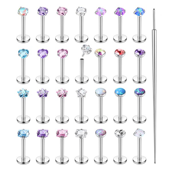 Besteel 28 Pcs Threadless Nose Rings Studs Set CZ Opal