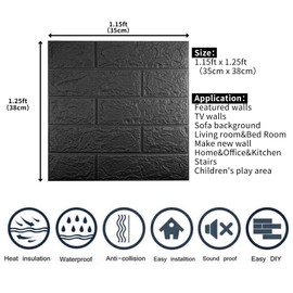 Sodeno 10 PCS Black 3D Wall Panels, 14.5 sq.feet Coverage, Printable Wallpaper Sticker with Self-Adhesive Waterproof Brick PE Foam Wall Panels Peel and Stick for Interior Wall Decor, Home Decoration
