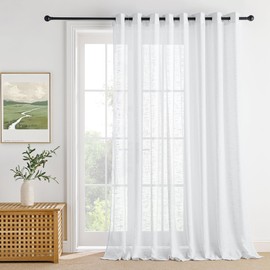 PONY DANCE Extra Wide Curtains, White, Semi-Transparent, 1 Piece Voile Curtain with Eyelets, Linen Texture Curtain for Large Window, Airy Curtains, Living Room, Modern, H 240 x W 300 cm, White