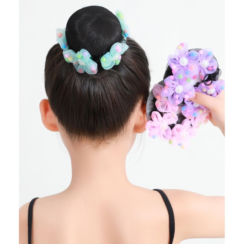 4PCS Girls Ballet Bun Covers Flower with Pearl Shaped Dance