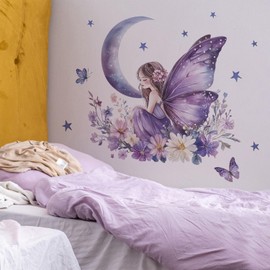 Purple Butterfly Girls Wall Stickers for Girls Room Fairy Wall Decals Removable Vinyl Peel and Stick Moon Flowers Star Wall Decor for Children's Living Room Bedroom Nursery