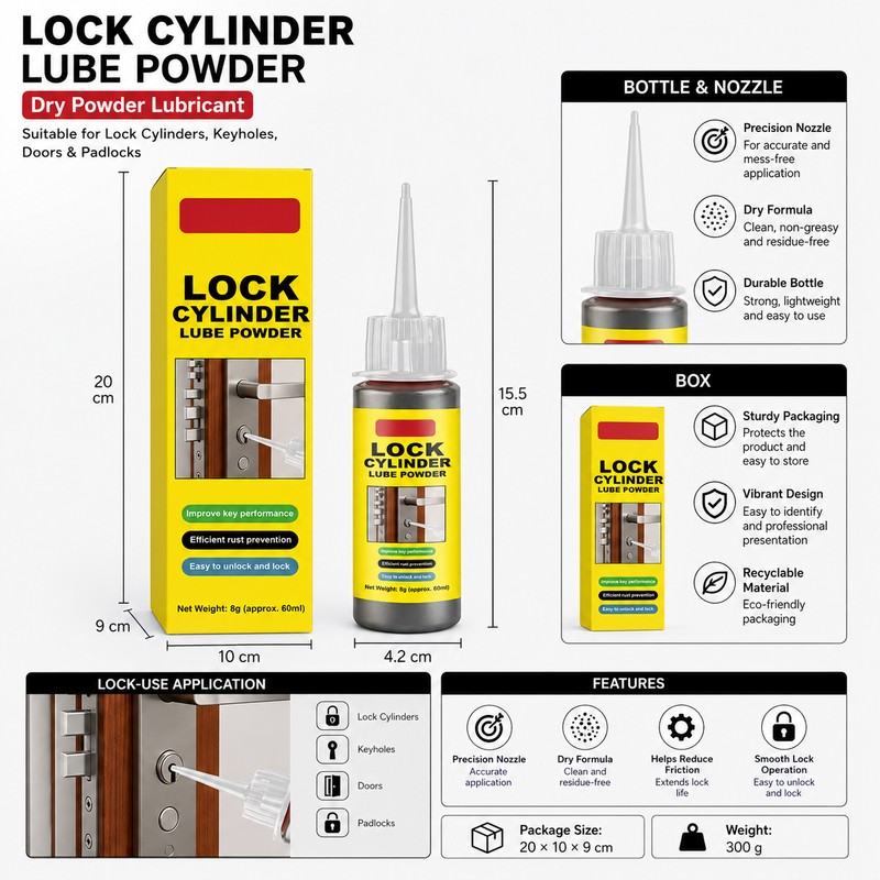 Dry Graphite Lock Lubricant Powder for Keyholes – Smooth Operation