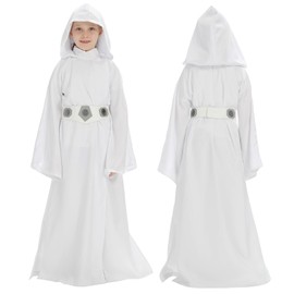 Princess Leia Costume Kids Hooded Robe Girls Leia Cosplay Dress Cloak Outfit with Belt Accessories (White, Medium)