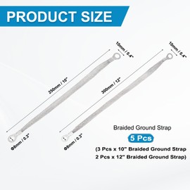 sourcing map 10Pcs Braided Ground Strap 10" x 0.4", 12" x 0.4" Tinned Copper Universal Automotive Flexible Bare Flat Ground Strap Connectors with Terminal Plugs for Most Car Vehicle