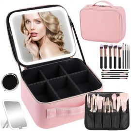 Bolsa Maquillaje Profesional Espejo Led Pequeño Juego Brochas Piezas Estuche Viaje Divisores Ajustables Herramientas Belleza Rosa
