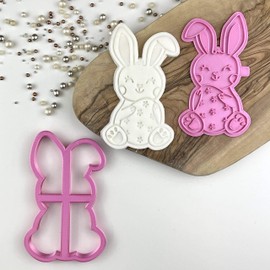 LissieLou Easter Rabbit Cookie Cutter and Stamp Easter Icing Stamp Fondant Embosser - Light Pink