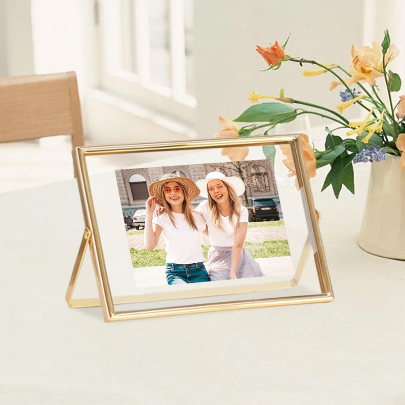 Odowalker 2 Pcs Gold Floating Picture Glass Photo Frame, Glass
