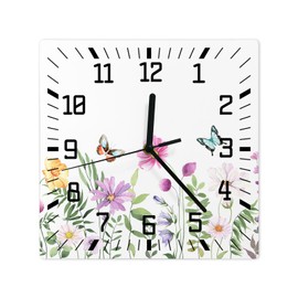 Wall Clock Square Non Ticking Silent Clock, Spring Wildflowers Wooden Wall Clock Nature Butterfly Floral Kitchen Wall Clocks Battery Operated Clocks Home Decor for Kitchen Living Room Bedroom 10 Inch