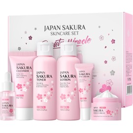 LAIKOU- Set de cuidado de la piel JAPAN SAKURA Sets de regalo de belleza para mujeres Kit de cuidado de la piel con limpiador, tónico, loción, suero,