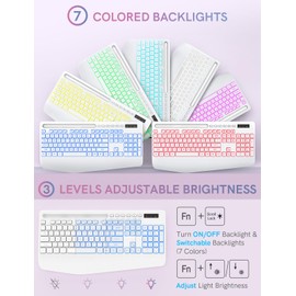 Wireless Keyboard and Mouse Combo with 7 Colored Backlits, Wrist Rest, Rechargeable Ergonomic Keyboard with Phone Holder, Silent Lighted Full Size Combo for Windows, Mac, PC, Laptop-Trueque (White)