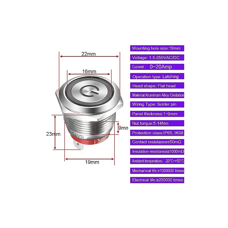 Gebildet Gebildet 19mm 20A/12-24V Blue LED Latching Stainless Steel Push