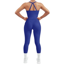 SUUKSESS Women 2 Piece Workout Sets Compression Tummy Control Leggings with Pockets Halter Built in Bra Tank Tops Sports Bra Scrunch Booty Lting Yoga Pants (Blue, S)