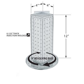 Azar Displays 700220-CLR-2C16 Four-Sided 4”W x 12” Revolving Pegboard Tower Kit Counter Display with 16-Pack of 2 inch Locking Hooks, Clear