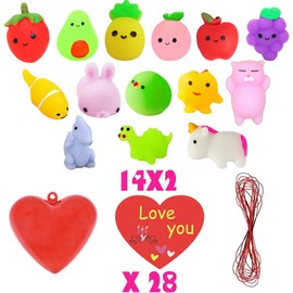 DINESIL 28 Packs Valentine Mochi Squishy Toys Filled Hearts with Valentine Cards, Kawaii Animal Squishies for Kids Valentines Day Gift Exchange, Classroom Prizes, Valentine Party Favors Supplies