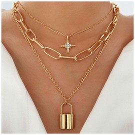 Allereya Punk Layered Chain Necklace Gold CZ Star Pendant Necklace Vintage Lock Choker Necklace Chunky Paper Clip Chain Necklace Jewellery for Women and Girls