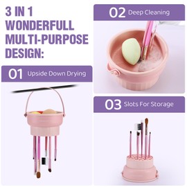 GOLIKEE 2 Pack Makeup Brush Cleaner Mat 3 in 1 Silicone Makeup Brush Cleaner Makeup Brush Cleaning Bowl Makeup Brush Sponge Scrubber Tool for Cleaning, Storage And Upside Down DryingTwo Pink)
