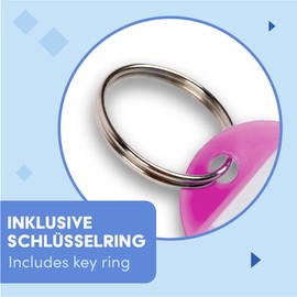 WINTEX Key Ring with Tags - 100 pcs - Heavy Duty Plastic Fobs with Labels - Coloured Key Chain Rings for Organising, Travelling, or Pets - Pink