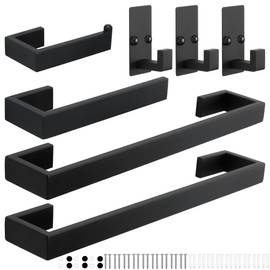 TocTen 7 Pcs Bathroom Hardware Set, Thicken Stainless Steel Towel Bar Set-Includes 2Bath Towel Racks+Towel Holder+Toilet Paper Holder+3 Robe Towel Hooks, Wall Mounted Bathroom Accessories Kit(Black)