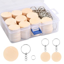 Xzeemo 100 Natural Round Wooden Discs with Hole, 35 mm Unfinished Wooden Circles with Hole with Hole with 100 Pieces Key Chains, Natural Wooden Discs for Crafts for Key Chains DIY Hanging Decorations