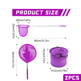 Purple Fishing Net for Kids with Foldable Bucket,Extendable Fishing & Butterfly Net,Children Telescopic Small Crabbing Net for Catching Insects,Fish,Beach,Pool,Ponds Outdoor Activities