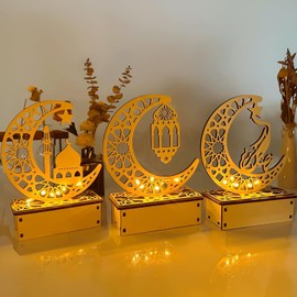 Ramadan Decoration, Ramadan Gifts, Pack of 3 Ramadan Decoration Lightning Wooden Eid Mubarak Decoration, Castle, with Moon Motif, Ramadan Decoration