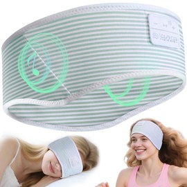Sleep Headphones Headband, Striped Soft Skin-Friendly Snoozeband, Sleep Mask with Thin HD HiFi Bluetooth Speakers, Wireless Music Headband Headphones for Men Women Teens Relax Travel Yoga (Green)