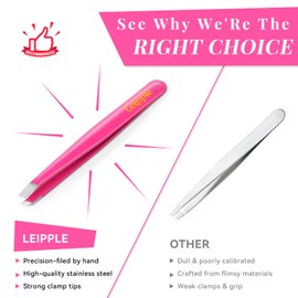 Professional Slant Tip Tweezers with Travel Leather Case - Precision Stainless Steel Tweezers for Eyebrows, Facial & Fine Hair Removal for Women (Shiny Rose Red)