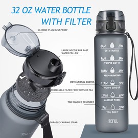Polygon 32oz Motivational Water Bottle with Time Marker & Removable Strainer to Remind You Drink More Water, Fast Flow, Leakproof BPA Free Sport Water Bottle for Fitness and Outdoor(Gray)