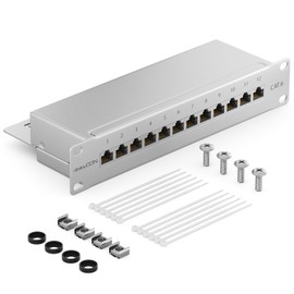 deleyCON CAT 6 Patch Panel Distribution Panel 12 Port - Desktop 10" Rack Mounting Server Mount - RJ45 - Shielded - TIA568A TIA568B Grey