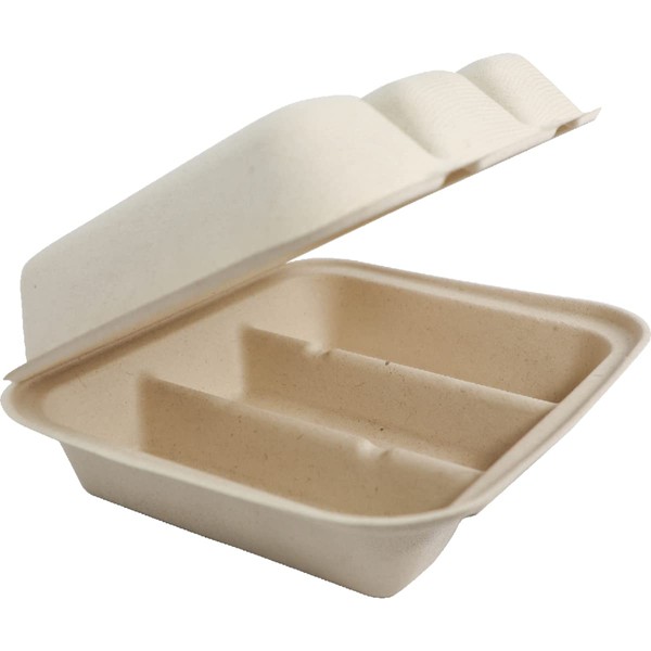 World Centric's (TO-SC-T39) Compostable Plant Fiber 9.25x8x3 Equal Three Compartment Take Out Containers (Taco Box). Pack of 100.