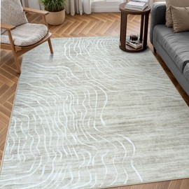 LIVEBOX Modern Abstract 5x7 Area Rugs for Living Room, Beige Washable Rugs for Bedroom, Non-Slip Minimalist Neutral Wave Striped Rugs for Playroom Nursery Boys, Throw Accent Rug Carpet for Dining Room