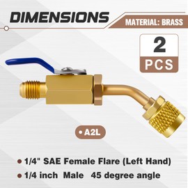 Otoolling 2 Pcs A2L Refrigerant Adapter 1/4" Female Flare x 1/4" Male Flare Ball Valve Hose Adapter Brass Compact HVAC Low Loss Fittings for Left Handed A2L R-32 R-454B Refrigerant Tanks, Yellow