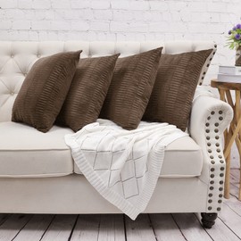 BYTIDE Pleated Striped Velvet Decorative Square Throw Pillow Covers 20 x 20 Inches Set of 4, Soft Chic Cushion Cases Pillowcases Pillowslips for Couch Bed Sofa Car Bedroom Living Room, Brown