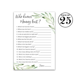 GREENERY Baby Shower Games Who Knows Mommy Best - Pack of 25 - GENDER NEUTRAL Baby Shower Game New Parent Couples Coed Reveal Fun Guessing Game Mom to-be Green Olive Branch Shower Activity G320-WKM
