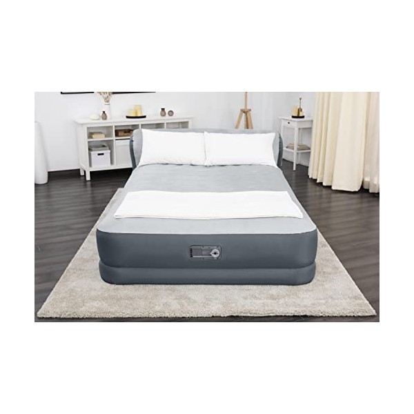 SLEEPLUX Queen Air Mattress with Headboard | Supersoft Snugable Top, Extra Durable Tough Guard | Raised Airbed with Built in Pump + USB Charger (90"x60"x31"), Grey, 69090E