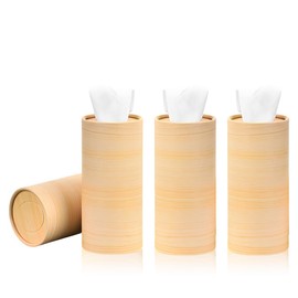 Gasedin 4 PCS Car Tissue Holder, Travel Tissues Packs Round Paper Napkins Container with Papers Inside, Paper Towel Cylinder Fits Automotive Cup Holder, Interior Car Accessories (Wood)