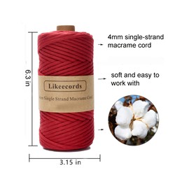 Likeecords 4mm Single Strand Macrame Cord 80m Colored Macrame Rope, Cotton Rope Macrame Yarn, Colorful Cotton Craft Cord Wall Hangings, Plant Hangers, Crafts (Dark Red)