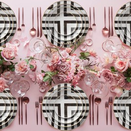 KBDSD Bone China Dinner Plate, Scandinavian Style Hand Painted Crossroad Stripes Black and White Western Dinner Plate Ceramic Plate, Household Round Tableware, Salad Plate and Steak Plate