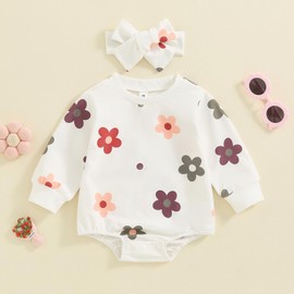 Qianderer Newborn Infant Baby Girls Clothes Summer Long Sleeve Sweatshirt Rompers Bubble Bodysuit with Headband Cute Outfit One Piece Clothing (White, 12-18 Months)