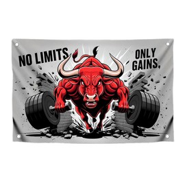 3x5 Feet Red Bull Motivation Flag "No Limits, Only Gains" with Four Brass Grommets - Polyester Animals Yard Outdoor or Indoor Banner - Bull Inspirational Quoted Banner for Men and Women