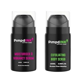 PimpdINK Tattoo Aftercare Kit Bundle | Moisturiser & Vibrancy Serum and Exfoliating Body Scrub | 100ml Airless Pump