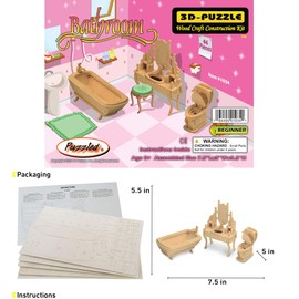 Puzzled 3D Wooden Bathroom Dollhouse Furniture Set Construction Kit - DIY Wooden Dollhouse Bathroom Puzzle Model Kit, Fun and Educational 3D Puzzle to Build and Paint - 44 Pieces Pack