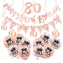 18Pcs Rose Gold 80th Birthday Decorations for Her,Women,80th Birthday Banner Triangle Flag Bunting Rose Gold Foil 80 Hanging Swirls,80th Birthday Balloons for Women Birthday Party Decoration Pack