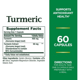 Natures Bounty, Crcuma 450mg 60 Cpsulas Suplemento con Extracto Estandarizado, Antioxidante Natural, Sin Gluten ni Conservadores, Apoyo Nutricional...